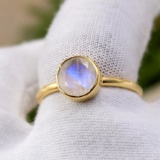 Rainbow moonstone 8mm round silver bezel ring